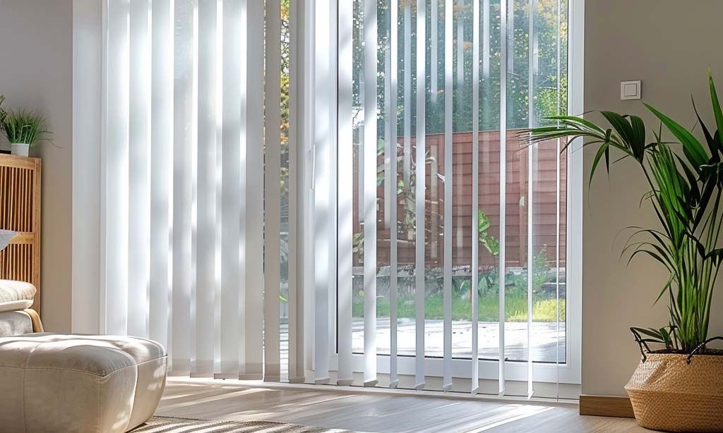 Sunlit living room with white vertical blinds on glass doors