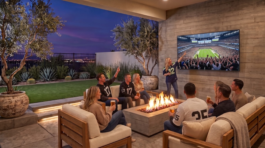 Patio with fire pit and wall-mounted TV showing a football game, friends in jerseys cheer together at dusk