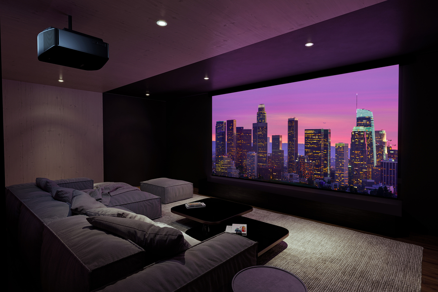 Stylish home theater with a large projection screen displaying a vibrant cityscape at sunset, featuring a cozy sectional sofa, a modern coffee table, and dim ambient lighting.