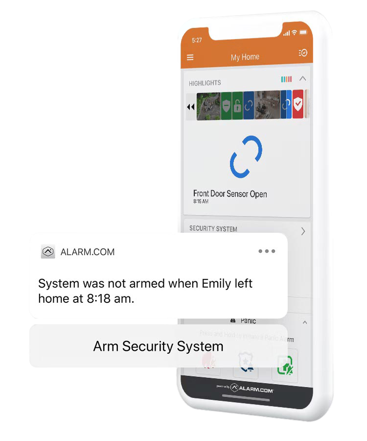 Alarm.com&rsquo;s home security app interface with highlighted features, including open door notifications and reminders to arm the system remotely.