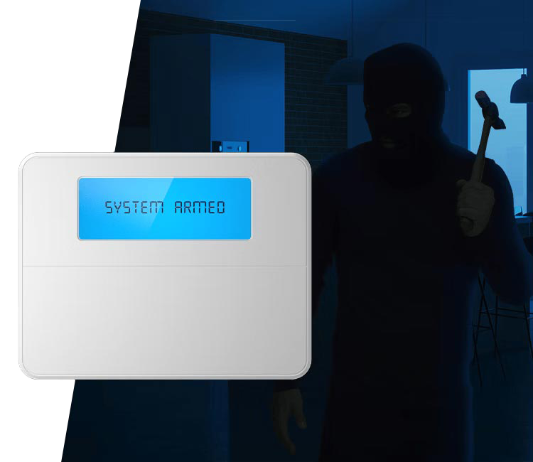 A security control panel reading &ldquo;System Armed&rdquo; with a shadowy figure in the background, showcasing Alarm.com&rsquo;s effective security measures.