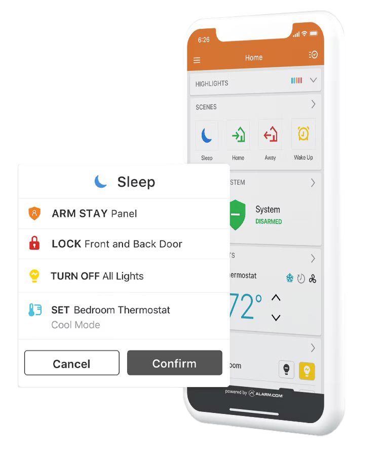 Alarm.com&rsquo;s app interface showcasing customizable scenes such as sleep mode, with quick options to lock doors and adjust home settings.