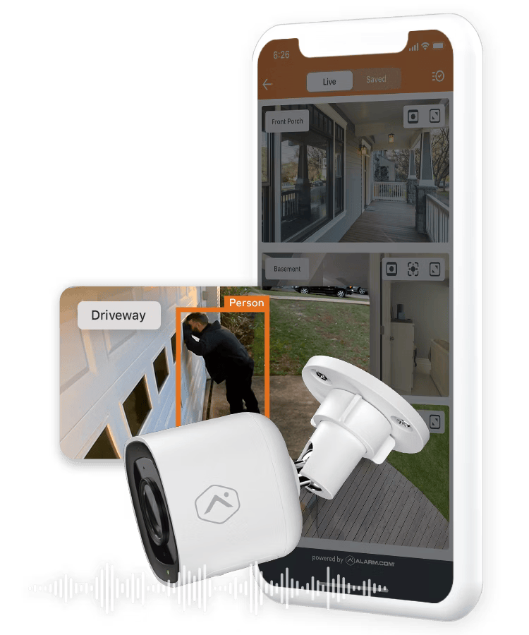 Alarm.com&rsquo;s app displaying real-time video footage and AI-based motion detection, highlighting advanced monitoring for home security.