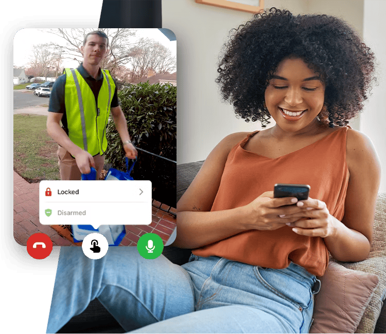 A delivery person captured on Alarm.com&rsquo;s smart video doorbell interface, providing live monitoring and secure interaction options.