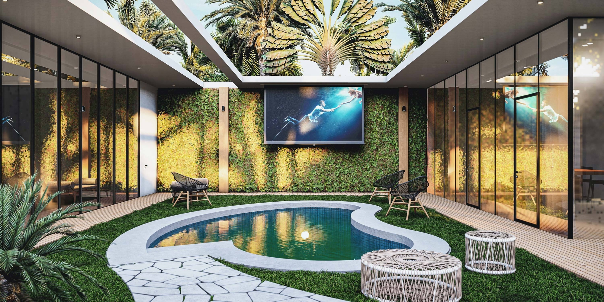 Modern courtyard oasis with a large outdoor TV mounted on a living green wall, framing a curved pool and lush tropical landscaping.