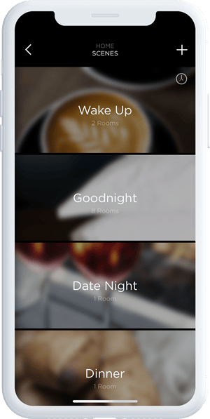 Savant brand mobile interface showing various home scenes like Wake Up, Goodnight, Date Night, and Dinner.