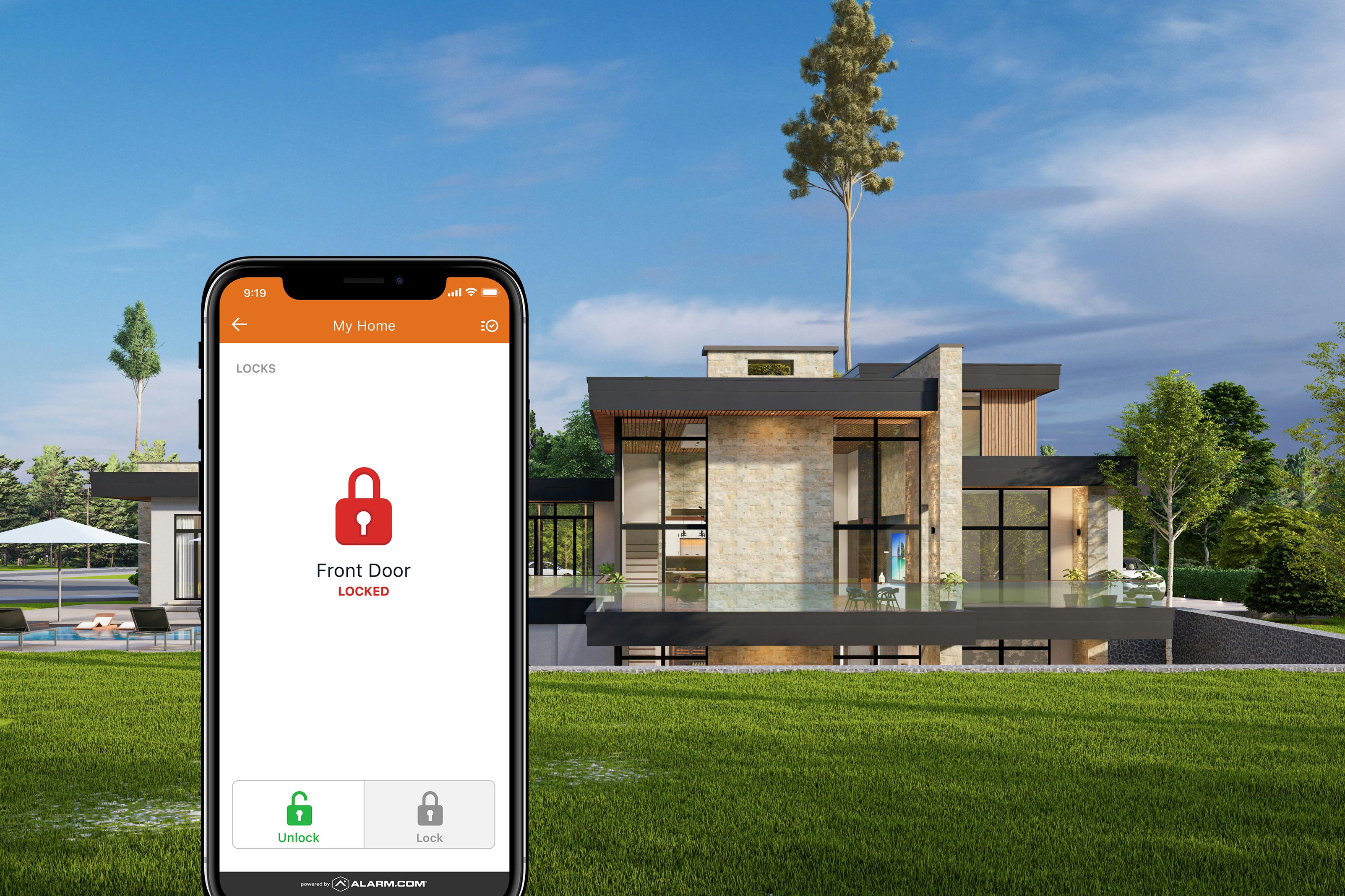 Smartphone displaying a home security app with the front door shown as locked in the foreground, in front of a modern glass-and-stone house with large lawn and trees under a blue sky.