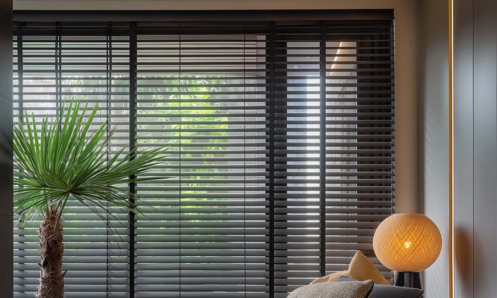 Living room with dark venetian blinds partially open