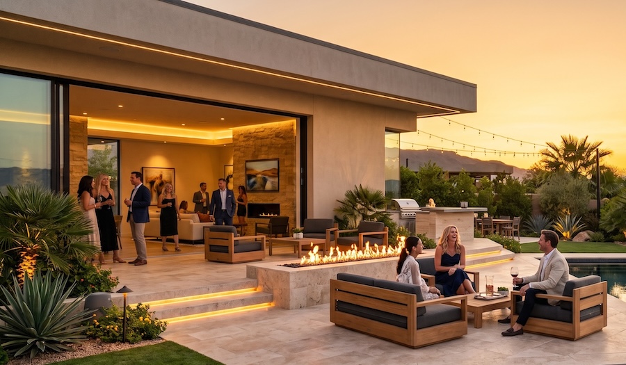 Luxury patio at sunset with people relaxing near a pool, fire pit, and skyline view.