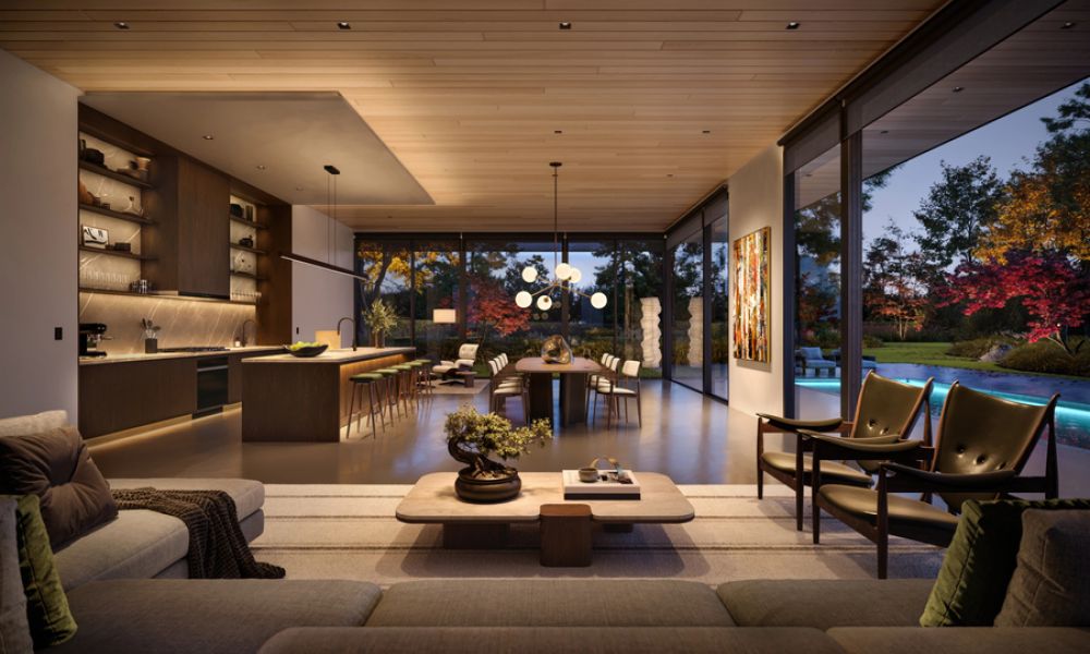 <span class="uk-h4">A home with an open floor plan illuminated in a soft, warm glow provided by Lutron lighting.</span>
