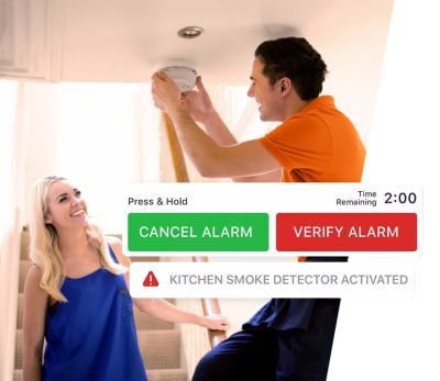 A man installing a smoke detector, featuring Alarm.com&rsquo;s intuitive alert system with options to cancel or verify alarms within a countdown timer.
