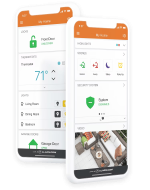 Two smartphones displaying the Alarm.com app&rsquo;s home automation interface, including thermostat control, security system status, and live camera feeds for a connected home.