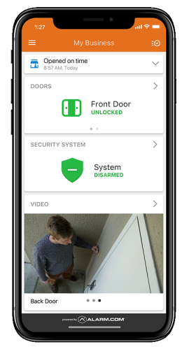The Alarm.com app showcasing door locks, system status, and access management for a business, including features like &ldquo;Buzz Open.&rdquo;