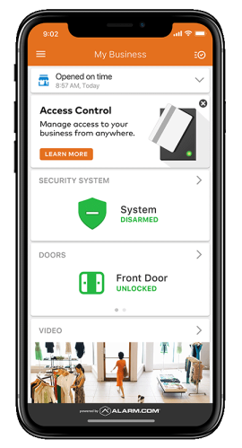 Alarm.com&rsquo;s business management app interface, providing access control, security system status, and video feeds for efficient property monitoring.