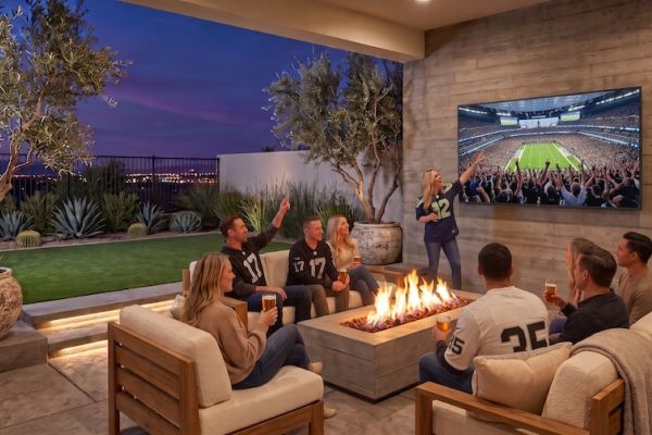 Patio with fire pit and wall-mounted TV showing a football game, friends in jerseys cheer together at dusk