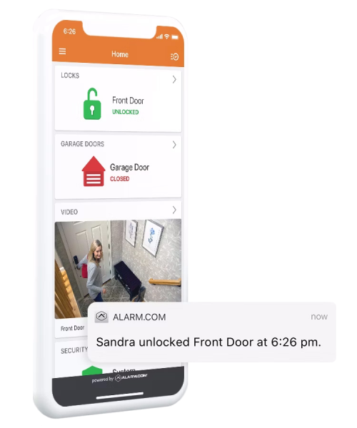 Alarm.com&rsquo;s mobile app interface showing garage door and lock controls, complete with real-time status updates and notifications for smart home security.