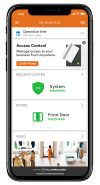 Alarm.com&rsquo;s business management app interface, providing access control, security system status, and video feeds for efficient property monitoring.