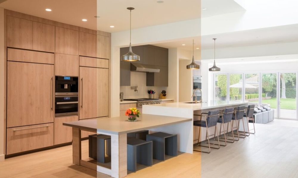 <span class="uk-h4">A kitchen space showcasing Lutron’s Ketra lighting features, displaying lights with varying colors.</span>