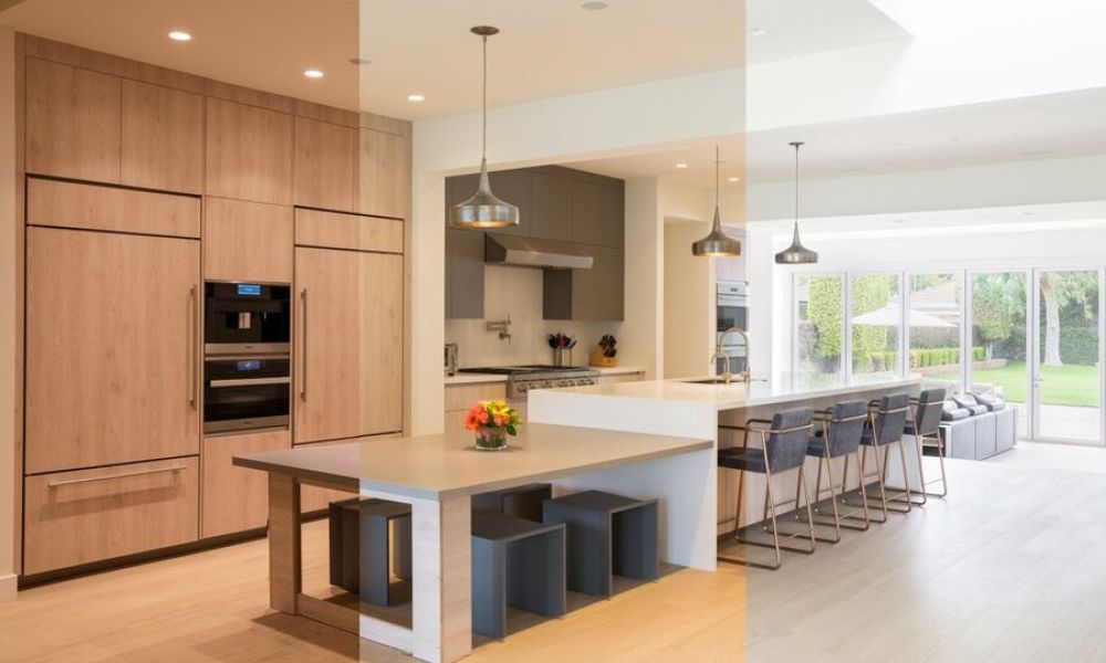<span class="uk-h4">A kitchen space showcasing Lutron’s Ketra lighting features, displaying lights with varying colors.</span>