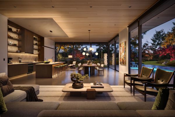 A home with an open floor plan illuminated in a soft, warm glow provided by Lutron lighting.